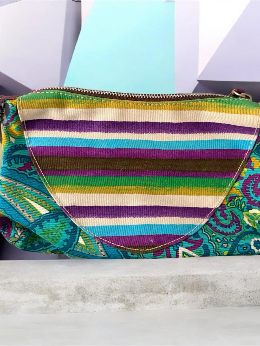 Etro Women’s Striped & Paisley cosmetic bag in Purple, Teal, Green, Yellow.